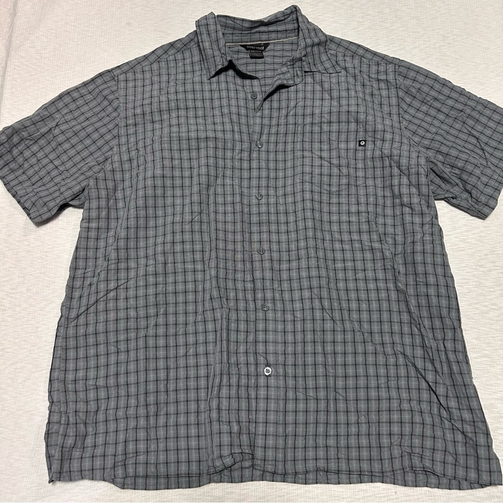 Marmot Button Up Shirt Mens XXL Blue Short Sleeve Polyester Hiking Outdoors